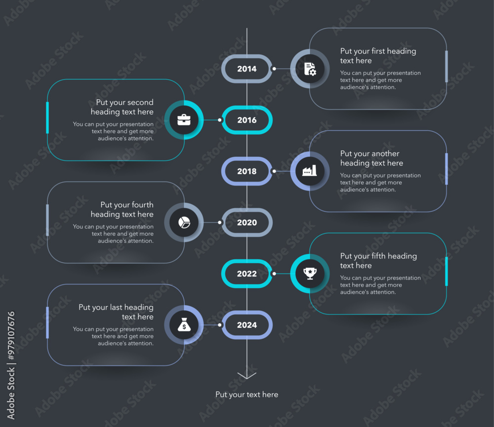 Leinwandbilder vertical timeline infographic template with six steps - dark version. simple chart design with icons