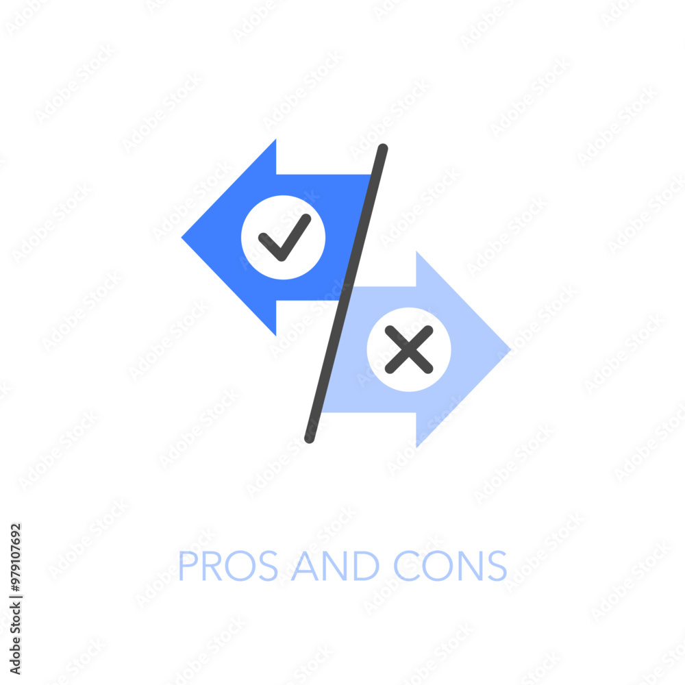Poster Simple visualised pros and cons icon symbol with two arrows in different directions with tick and cross symbols.