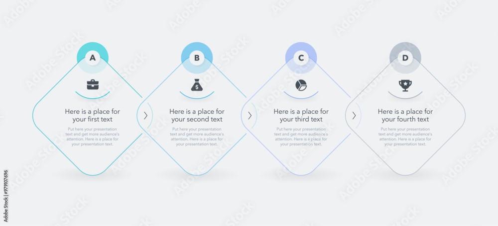 Aufkleber Horizontal four steps infographic process template. Modern diagram with rhombus shapes and minimalistic icons. Flat design can be used for your website or presentation.