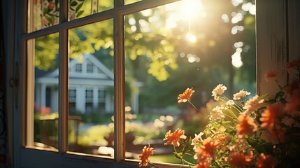 Naklejka premium Sunlight streams through a window illuminating flowers and a serene garden in late afternoon