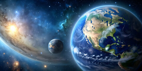 Panoramic view of planet Earth in space with stars and galaxy, perfect for Earth Day wallpaper or environmental concept