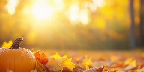 An autumn banner design featuring pumpkins and autumn foliage on the woodland floor at dusk. A chic backdrop for a joyous harvest season or a Halloween party decoration.