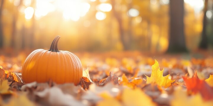 An autumn banner design featuring pumpkins and autumn foliage on the woodland floor at dusk. A chic backdrop for a joyous harvest season or a Halloween party decoration.