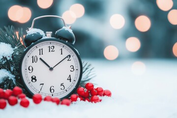 clock surrounded by fir branches and red berries, covered in snow with blur bokeh background, christmas day, 25 december, 2024