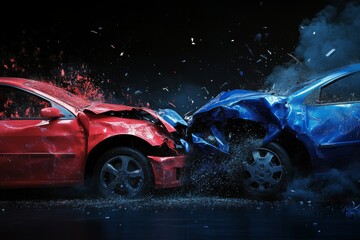 Intense head on collision of blue and red cars captured against a striking black background