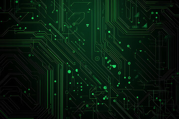Abstract representation of a circuit board with glowing neon lines and geometric patterns against a dark background. The image evokes a high-tech, futuristic feel with ample copy space	
