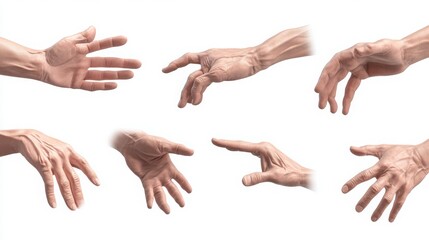 A 3D set of characters with trembling hands, showing signs of Parkinson&acirc;&euro;&trade;s disease, realistic hand movement and body postures, white background 