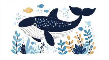 Fototapeta premium Cute Whale Cartoon Illustration with Underwater Plants and Fishes