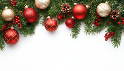 Christmas border of red and gold ornaments and fir branches on white background, copy space