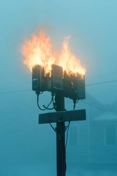 A telephone pole with a fire burning on its communication equipment, surrounded by fog, creating a dramatic scene.