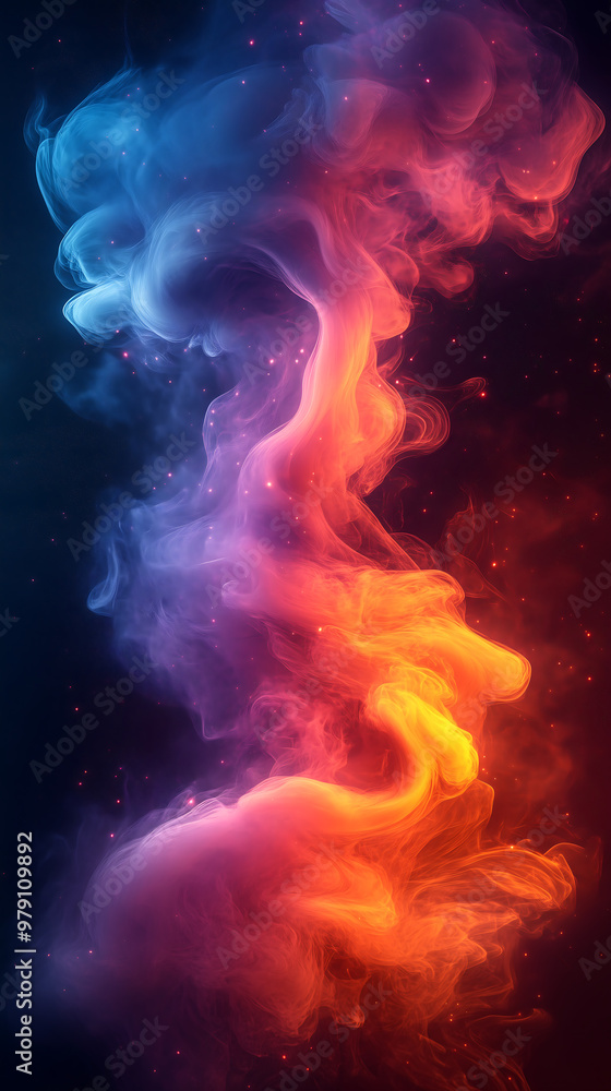 Aufkleber vibrant neon smoke swirling in fluid motion with glowing particles creating a dynamic abstract energ