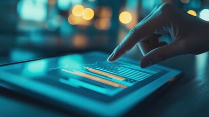 A hand interacting with a digital tablet displaying data graphs and analytics.