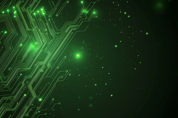 Abstract representation of a circuit board with glowing neon lines and geometric patterns against a dark background. The image evokes a high-tech, futuristic feel with ample copy space	
