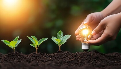 Person planting a glowing idea seed in a garden of growing lightbulbs, idea growth, nurturing creative business solutions