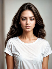 Fototapeta premium Dark haired young girl with long hair and wearing a white t-shirt. 