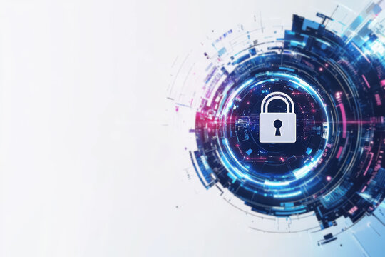 fondo abstracto con candado y fondo blanco y conexiones y redes en tonos azules y rosas. Concepto seguridad en el ciberespacio