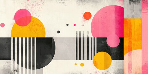 art of stripes, lines, squares, circles, paint splashes in black, orange and pink color on grunge texture background