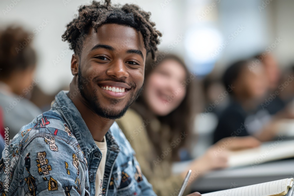 Aufkleber a smiling man in a casual outfit sits in a classroom, surrounded by diverse students, creating a pos