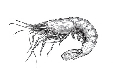 Seafood, shrimp prawn. Vintage retro print, black white seafood shrimp prawn sketch ink pencil style drawing, linear drawing, engrave old school. Sketch artwork shrimp prawn, seafood. Illustration