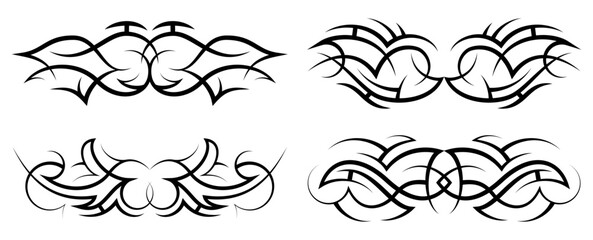 Neo abstract tribal tattoo set. Horizontal black shoulder tattoo. Cyber sigilism style hand drawn ornament. Celtic gothic body ornament shapes. Maori ethnic signs isolated on white backdrop. Sketch