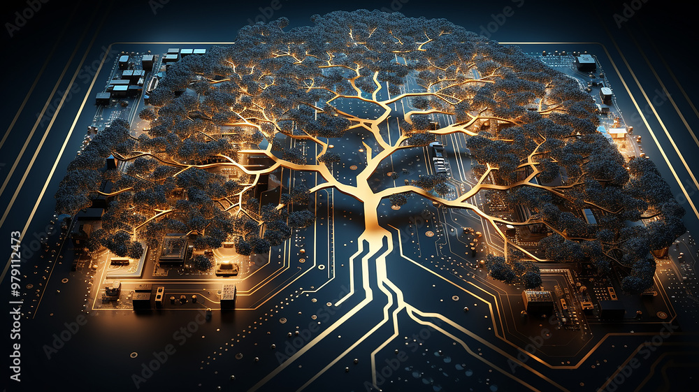 Poster background concept is artificial intelligence, a symbol of nature and growth, a tree of life and a b