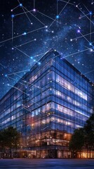 Fototapeta premium A modern building illuminated at night under a starry sky with constellations.