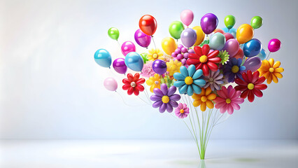 Colorful fantasy balloon flowers floating on a white background, fantasy, bright, flowers, balloon,colorful, vibrant