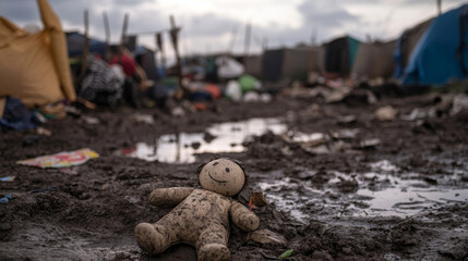 Obraz premium A dirty, abandoned stuffed toy lies in the mud amidst tents and scattered debris in a refugee camp, conveying loss and hardship. 