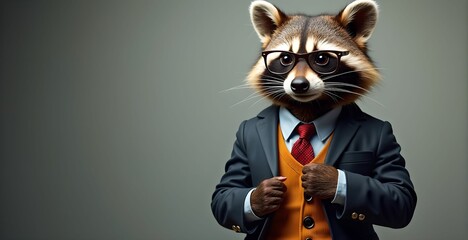 Raccoon in a fashionable jacket, tie. Wide banner with space for text on the right. Stylish animal poses like a supermodel