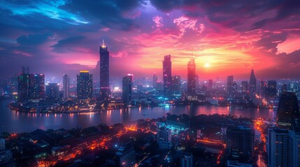 Fototapeta premium Cityscape at Sunset with Pink and Blue Skies