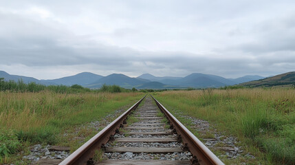 Fototapeta premium Straight railroad tracks cutting through green fields under a cloudy sky, leading towards distant mountains, creating a serene rural landscape. 