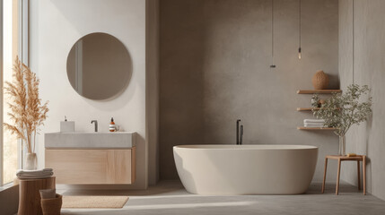 A simple bathroom with a concrete floor, gray and beige walls, a cabinet, and a bathtub.