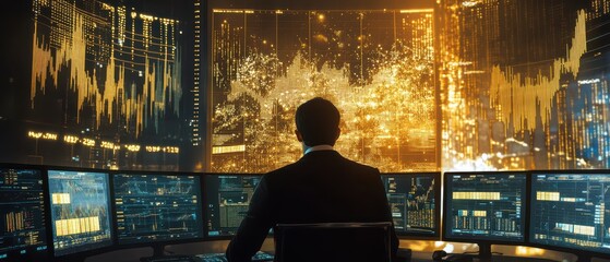 A businessman analyzing gold price charts on multiple screens, surrounded by digital data streams, gold analysis, modern finance concept