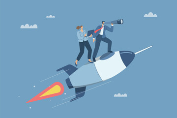 A team of businessmen riding rockets looking through binoculars, Business concepts for development and moving forward to success, Business team with a vision to achieve goals. Vector design.