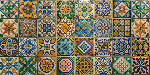 Various types of vintage colored tiles with unique patterns, vintage, colored, tiles, patterns, old, retro, antique