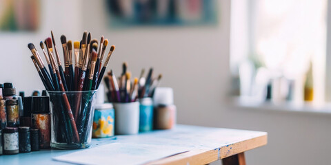 Obraz premium An art studio desk covered with paint, sketchbooks, pencils, and brushes, showcasing a creative workspace for drawing, painting, and artistic exploration. 