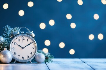 christmas decoration with clock, candles, silver ornaments and pine tree branch on snow covered wooden table, blur blue bokeh background