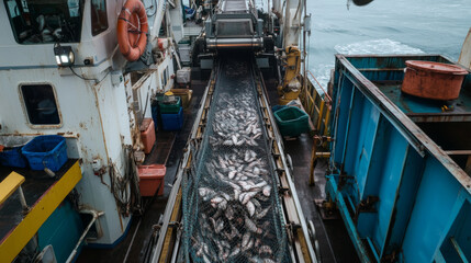  A conveyor belt on a fishing trawler carries a large catch of fish, symbolizing the maritime fishing industry and seafood harvesting at sea.
