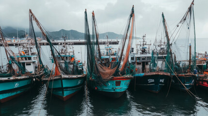  A group of fishing boats with nets raised docked at a harbor on a cloudy day, symbolizing maritime industry, coastal work, and fishing operations.
