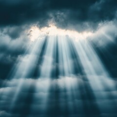 Fototapeta premium Dramatic sunlight beams pierce through dark storm clouds, creating a captivating and moody atmosphere in the sky.