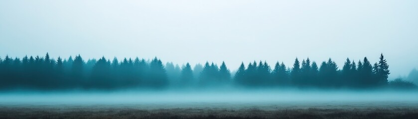 Fototapeta premium A serene misty forest landscape, showcasing tall trees shrouded in fog, creating an ethereal and calming atmosphere.