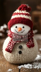 Festive Cheerful Snowman with Red Hat and Scarf on Snowy Wooden Background, Winter Holiday Concept