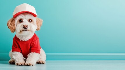 Naklejka premium Adorable dog wearing a red shirt and a cap against a bright blue background, perfect for pet-themed content.