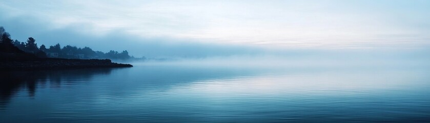 Obraz premium Serene landscape featuring a calm lake surrounded by misty trees and soft blue hues, creating a tranquil atmosphere.