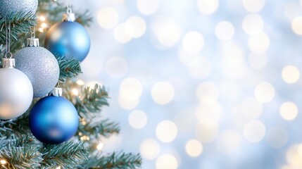 Fototapeta premium Closeup of a christmas tree decorated with blue and silver ornaments, with bokeh lights in the background