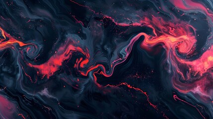 Abstract Swirling Liquid Art in Red, Orange, Blue, and Black