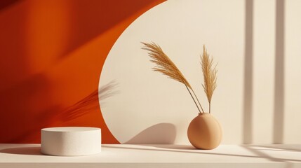 Fototapeta premium Minimalist product display with a white podium, a beige vase with dried reeds, and an orange and white background.