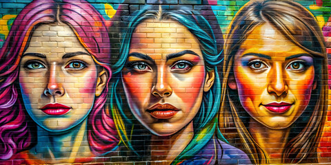 Vibrant graffiti portraits of female faces on brick wall , urban, art, street, colorful, graffiti, portrait, female, faces