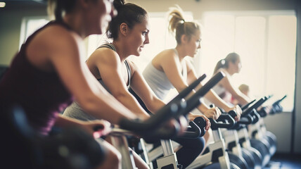 Group of women intensely focused on indoor cycling at the gym, participating in a spin class, showcasing energy and fitness.