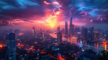 Fototapeta premium Cityscape at Sunset with Pink and Blue Clouds